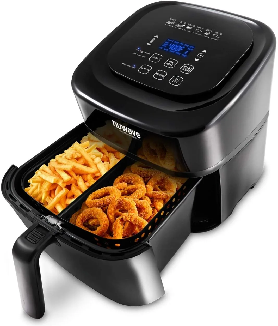 An air fryer with fries and onion rings