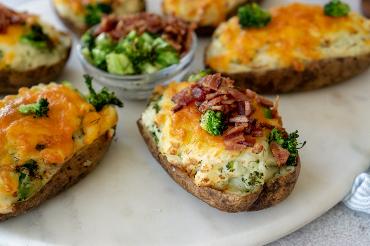 Air fryer twice bake potatoes with bacon pieces
