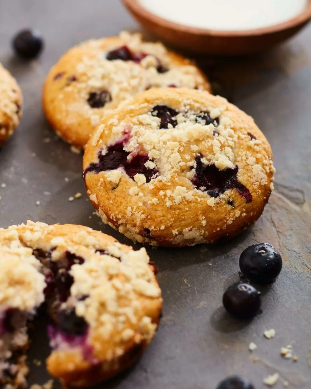 Blueberry muffins topped with coarse sugar