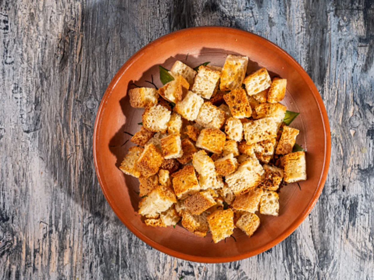 white bread croutons in a bowl.