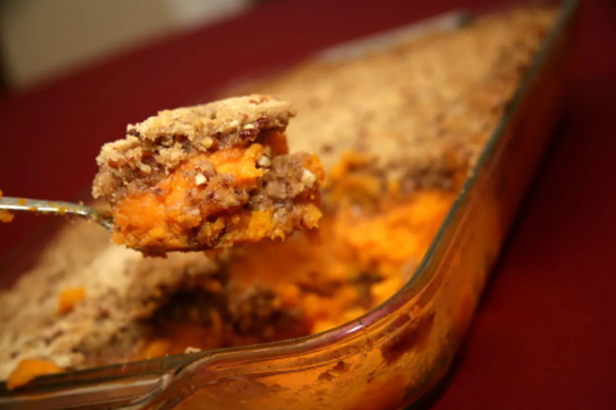 A zoomed view of the sweet potato casserole dish 