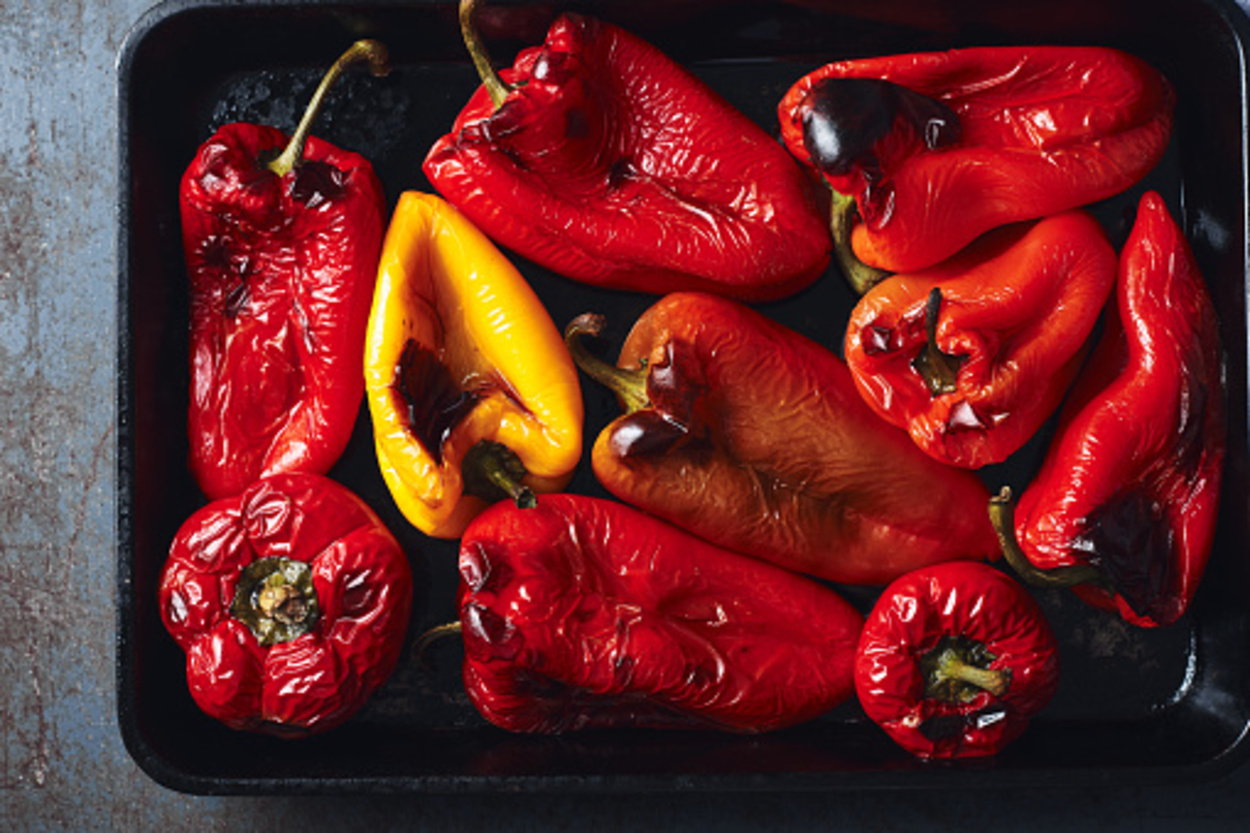 Roasted peppers on a baking tray