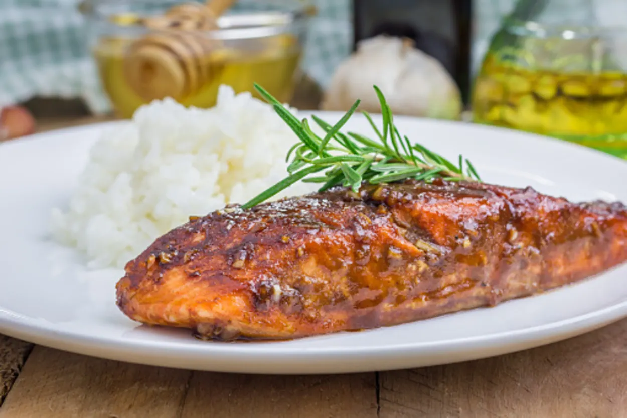 Air-fried salmon served with rice