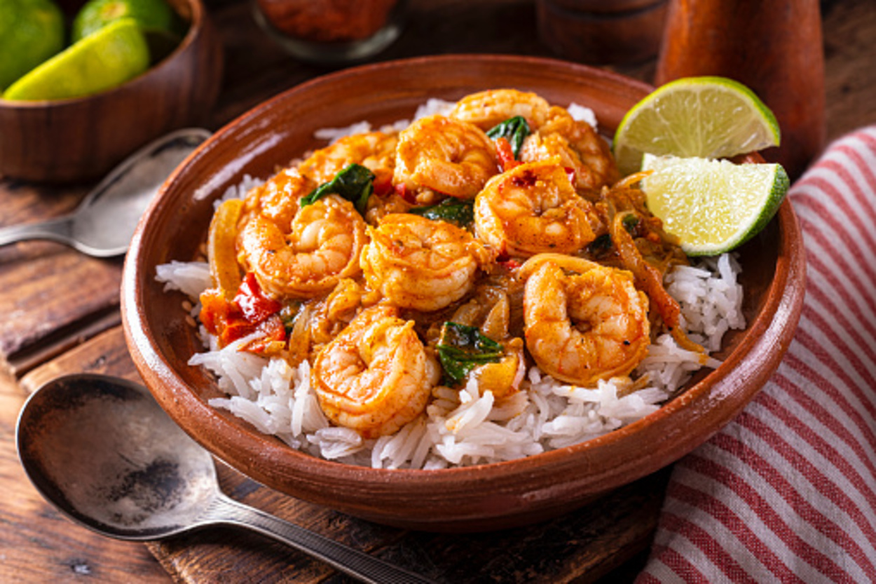 A bowl of delicious south Indian style shrimp curry 