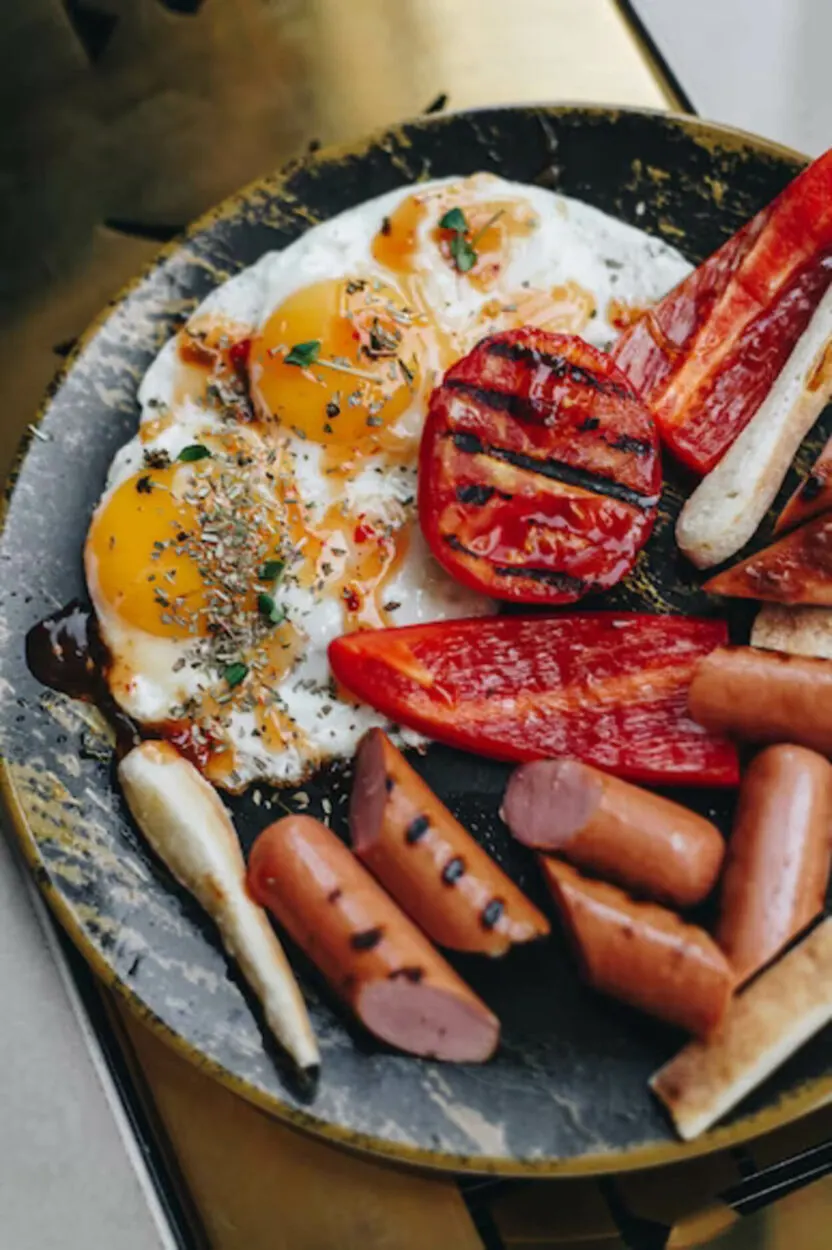 Sausages served with eggs and tomatoes in a plate 