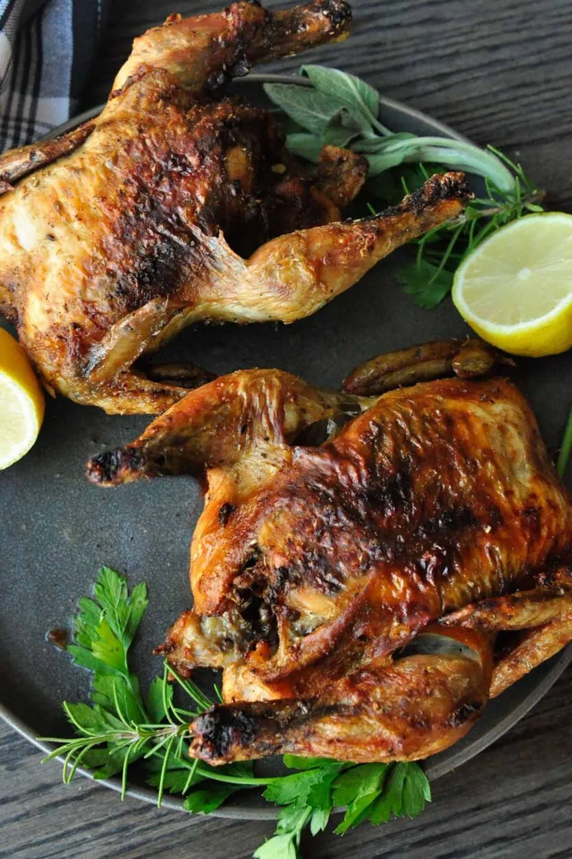 Air-fried Cornish hen served with lemon