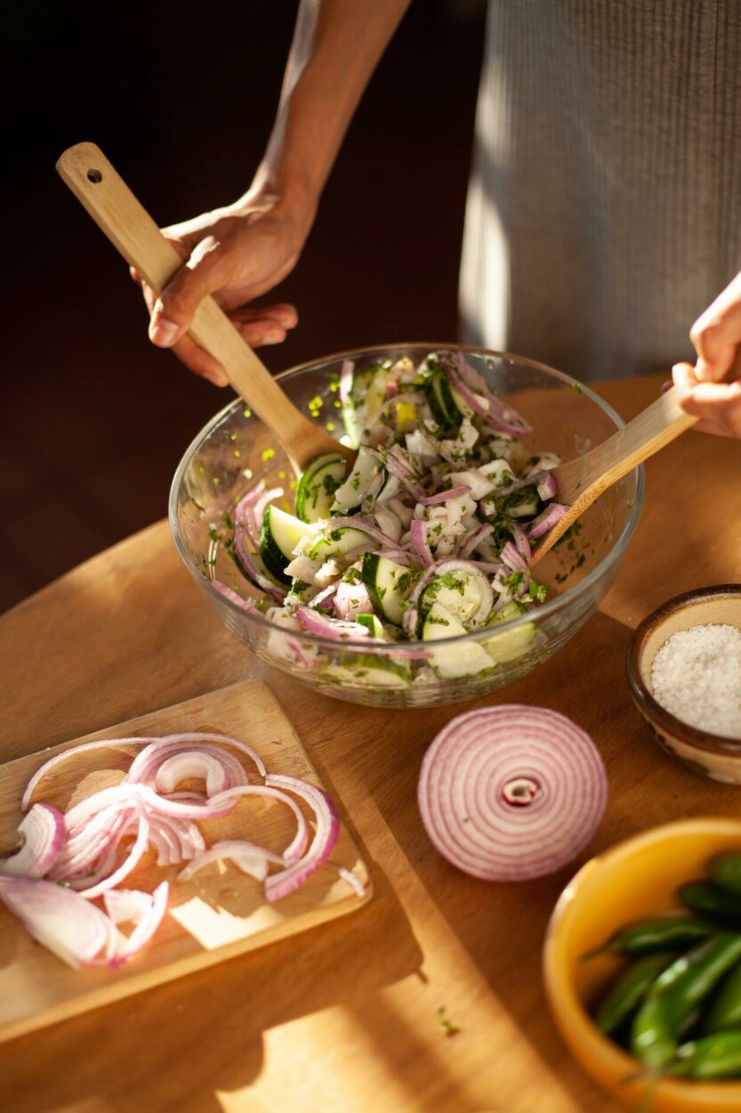 Onions with green veggie salad. 