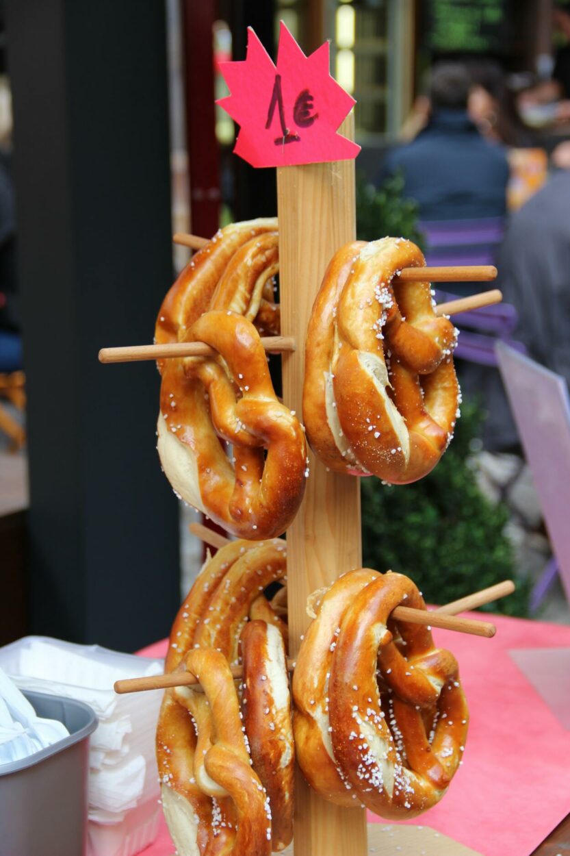 Pretzels on a stand - all ready to be sold. 
