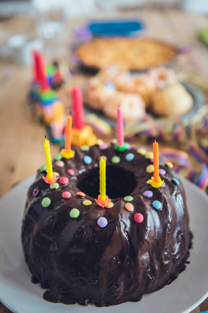 Chocolate Bundt Cake with birthday candles. 