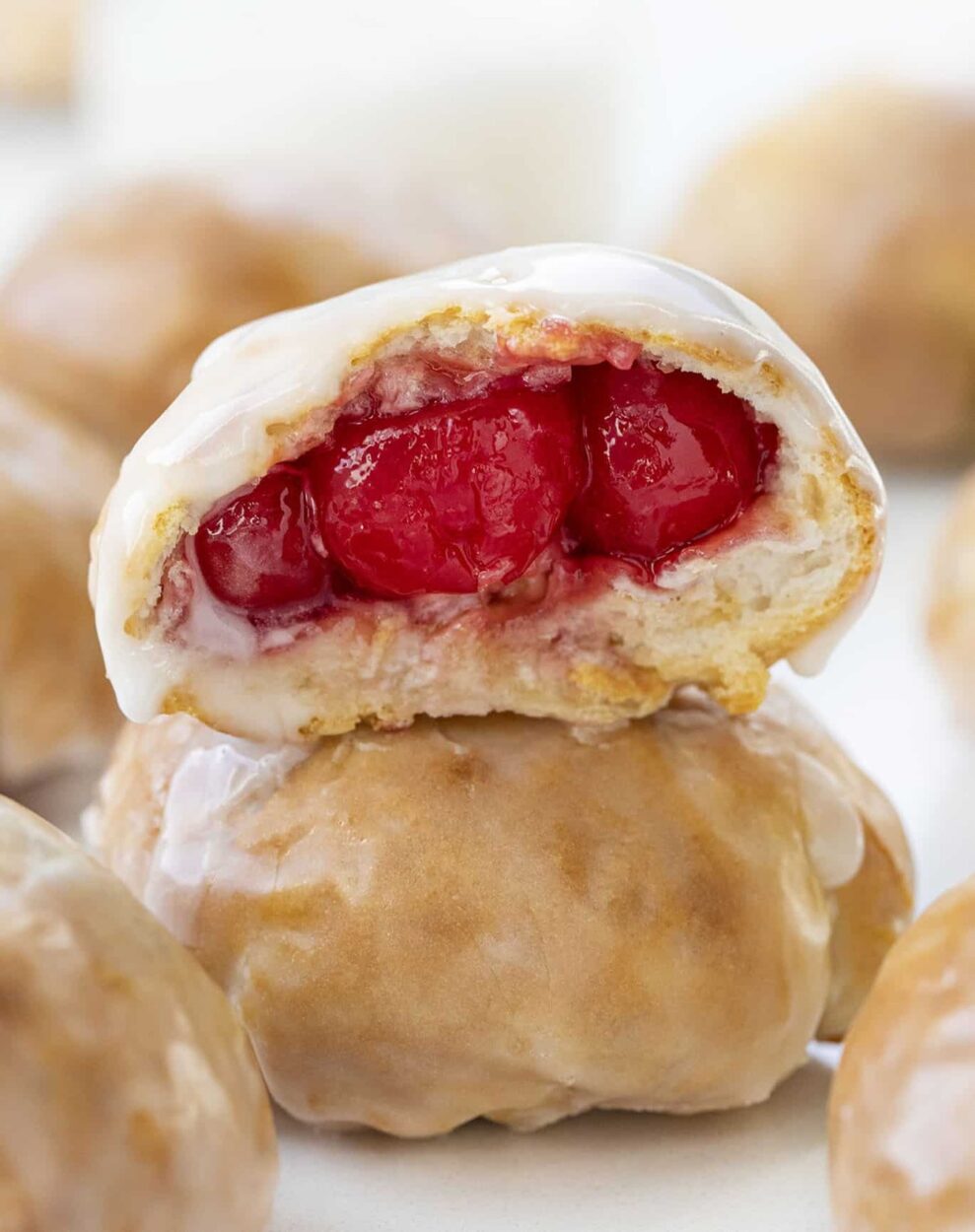 Close up image of a halved cherry pie bomb