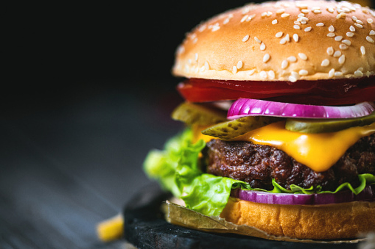 Close up image of a beef burger