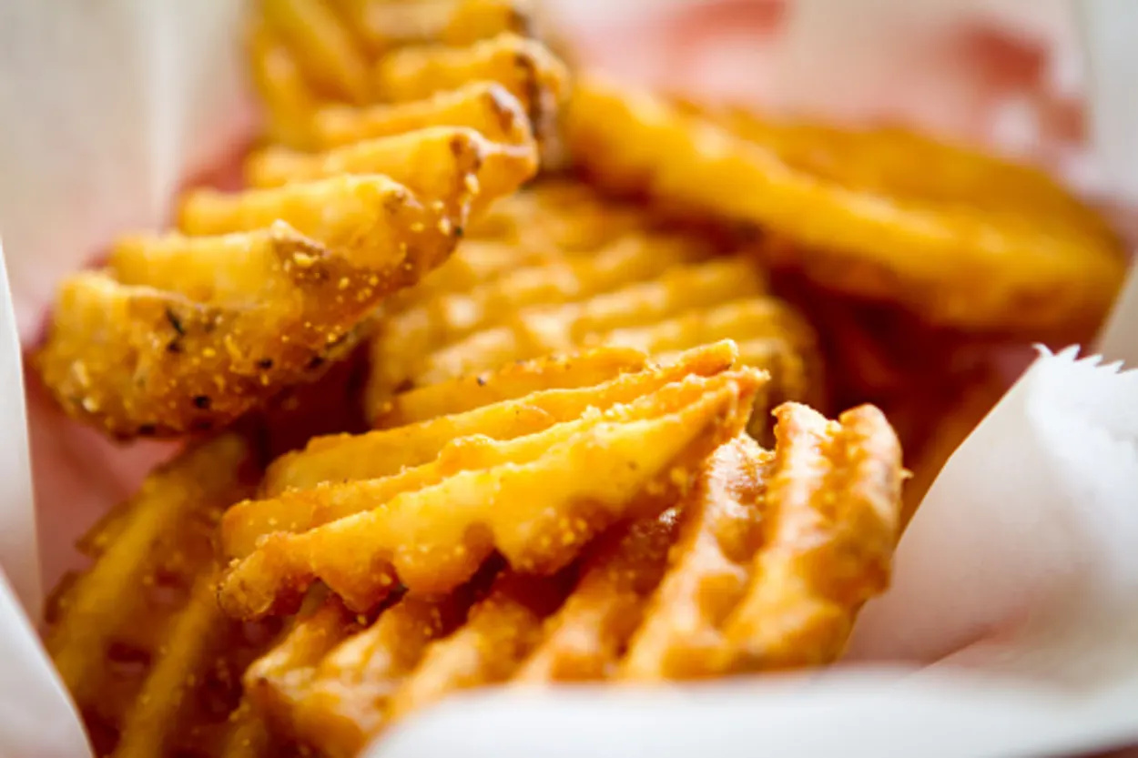 Close up of cooked waffle fries