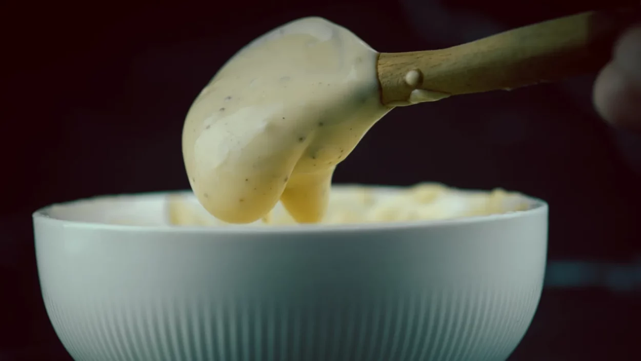 cup of caesar salad cream on black background