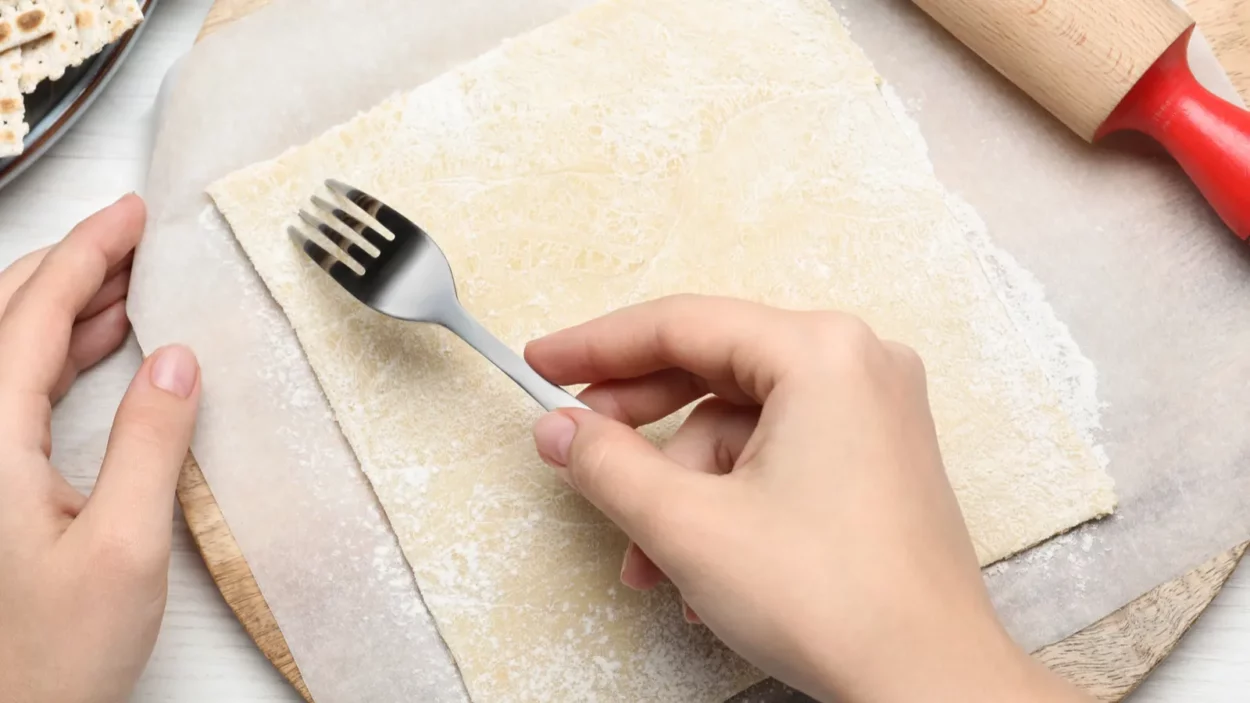 woman making traditional matzo at white wooden table top view