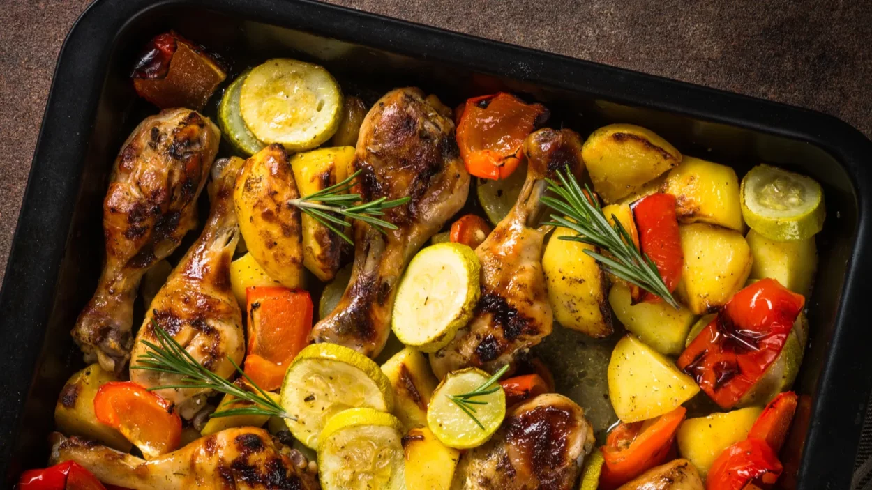 baked chicken with vegetables preparing in the oven at baking