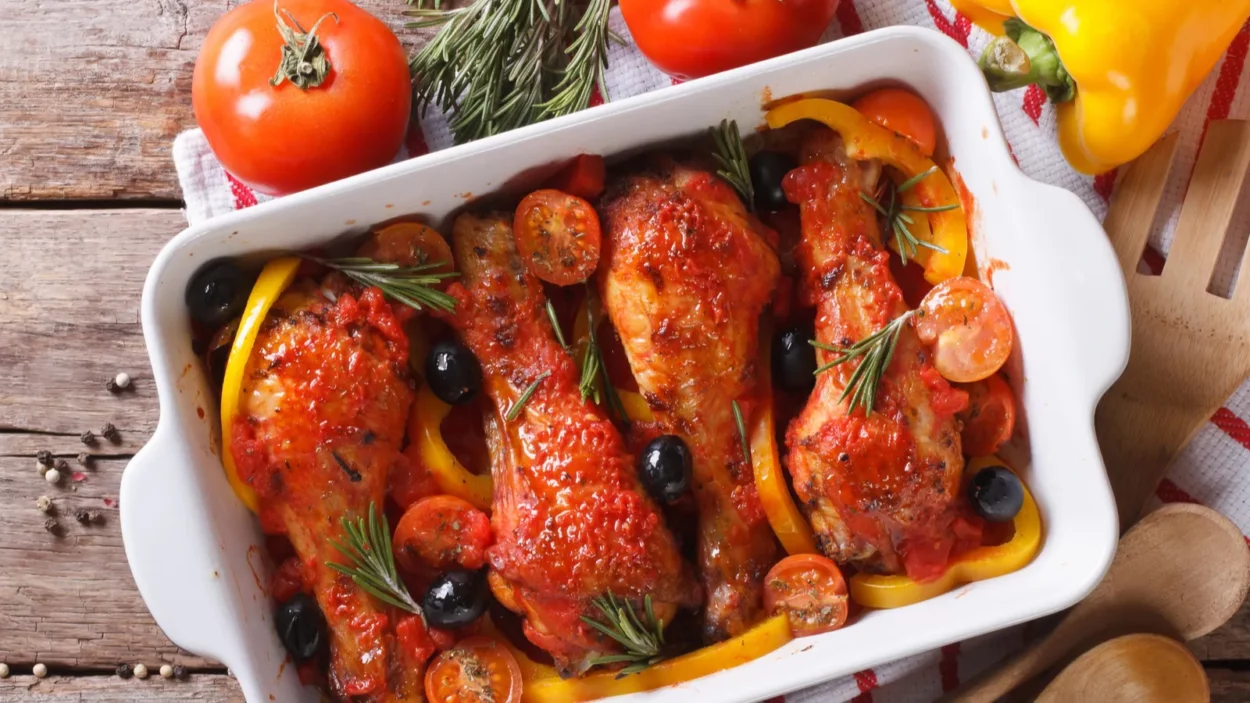 chicken legs baked in tomato sauce horizontal top view