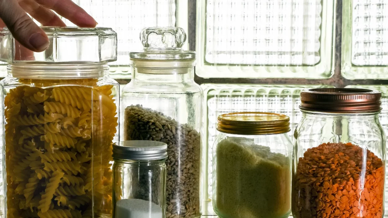 grocery food supplies placed in jars colourful selections of pasta