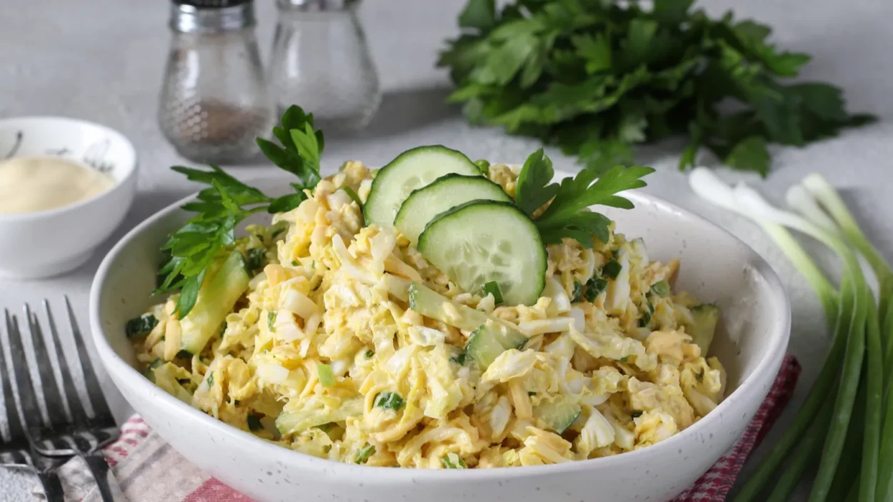 salad with chicken chinese cabbage cucumber boiled eggs and cheese
