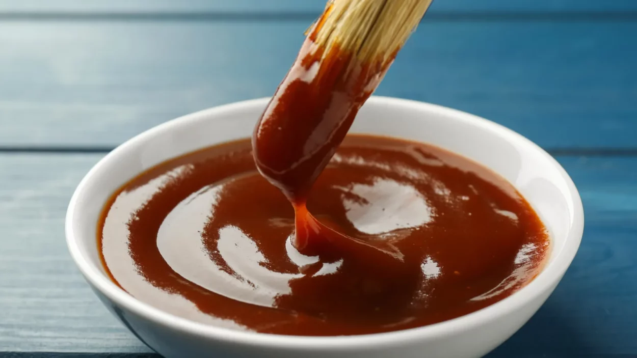 tasty barbeque sauce in bowl and brush on blue wooden