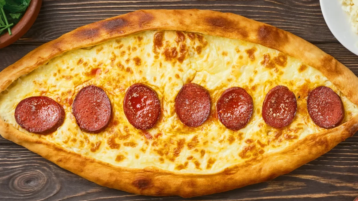 pide  turkish boatshaped flatbread with sausage sudjuk with spices