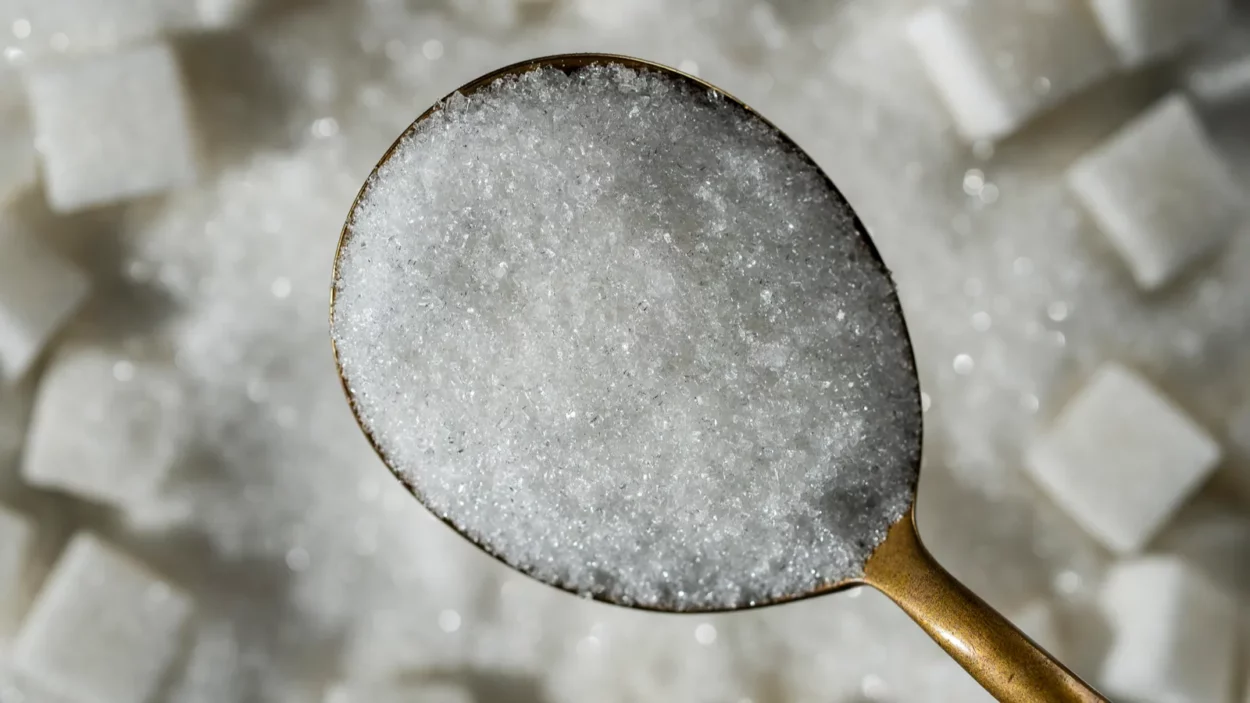 White granulated sugar in spoon in the background pile sugar.