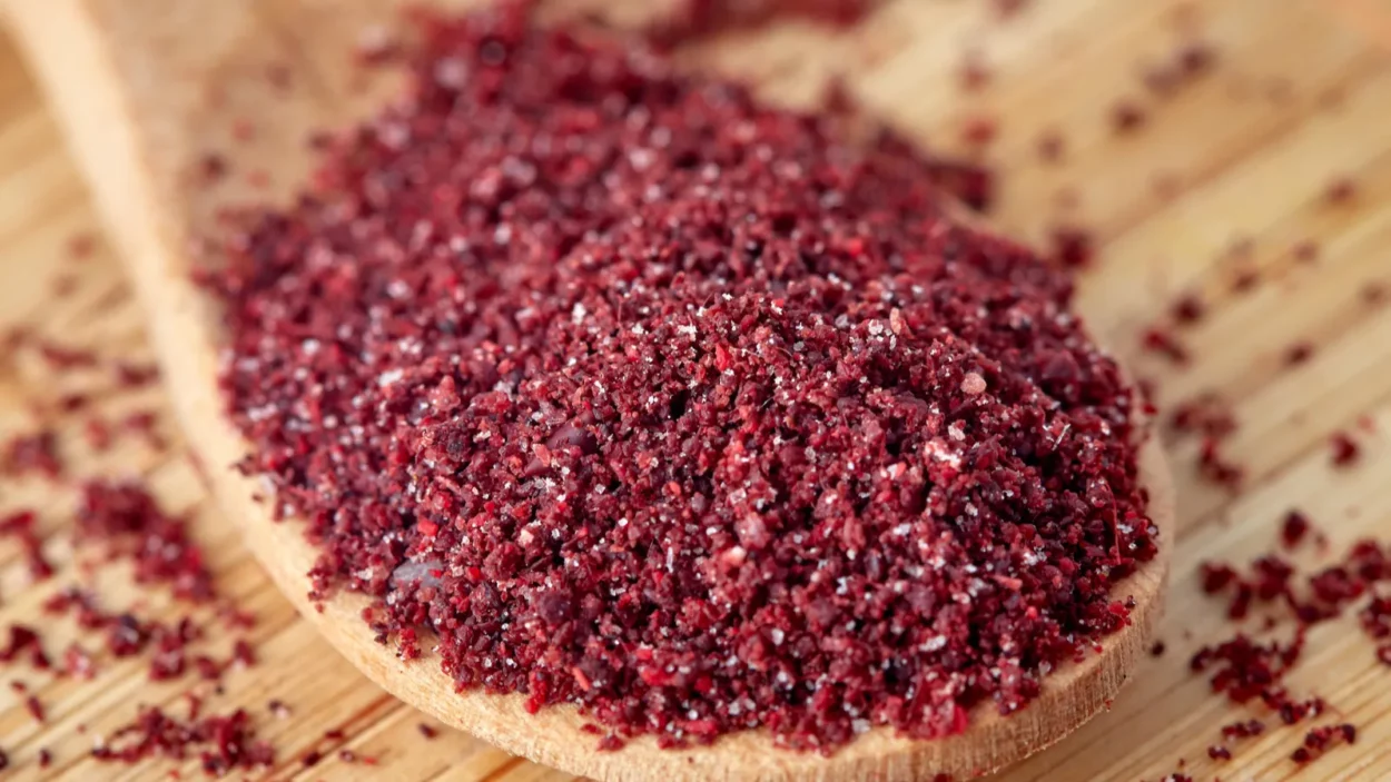 close up of ground sumac spice powder in wooden spoon