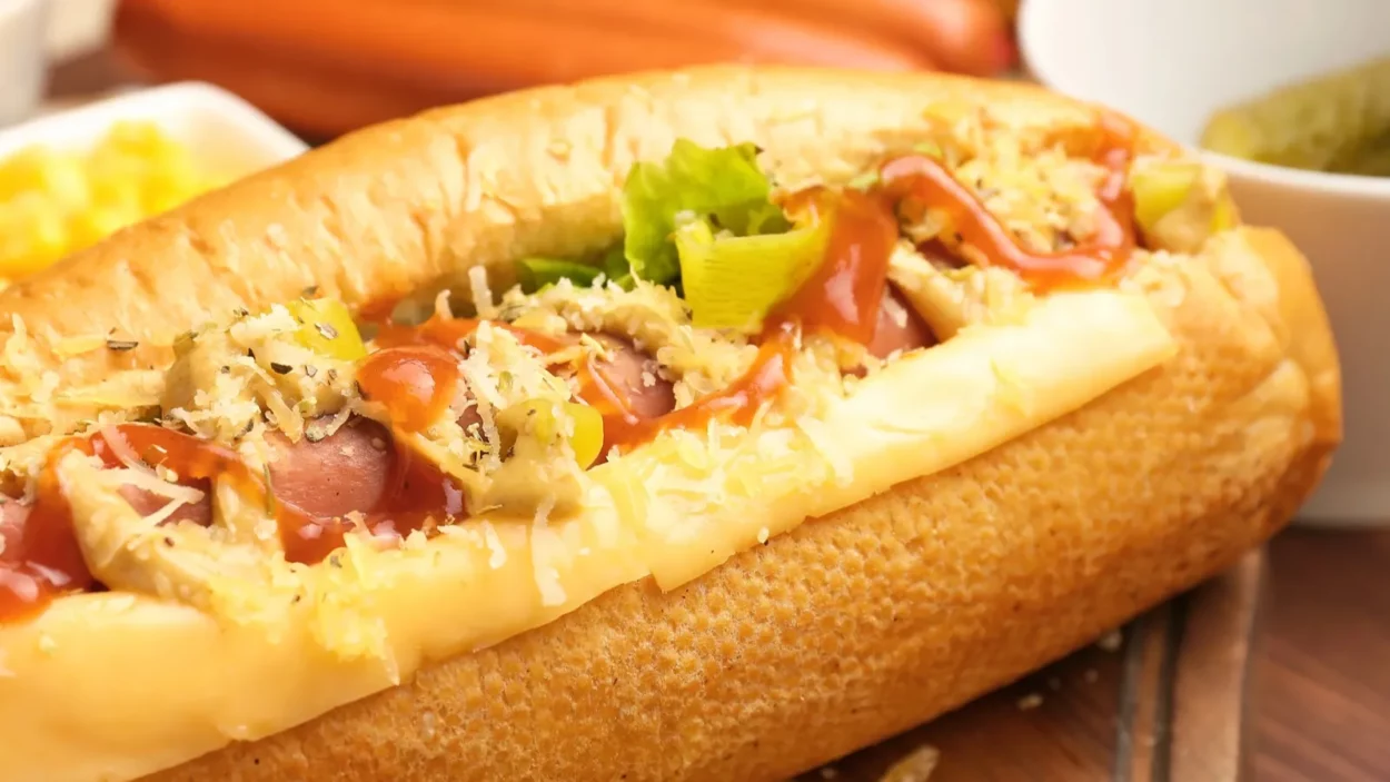 Tasty hot dog on table.