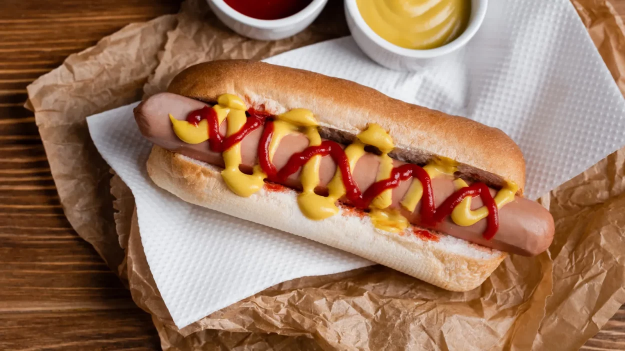 Hot dog with french fries on table.