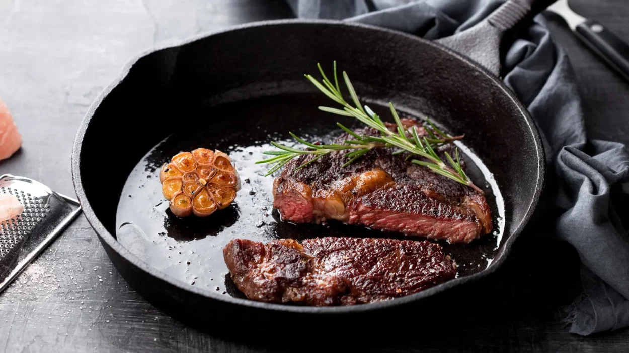 Roasted beef ribeye steak in a cast iron frying pan.