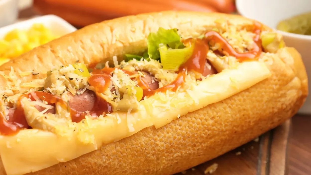 Tasty hot dog on table.