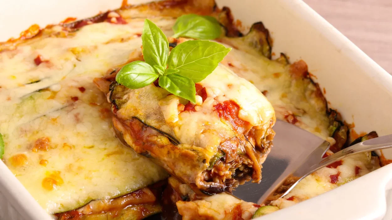 Zucchini and eggplant layered gratin with cheese.