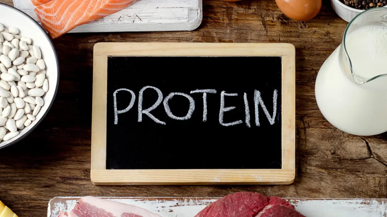 Best Foods High in Protein on wooden background.