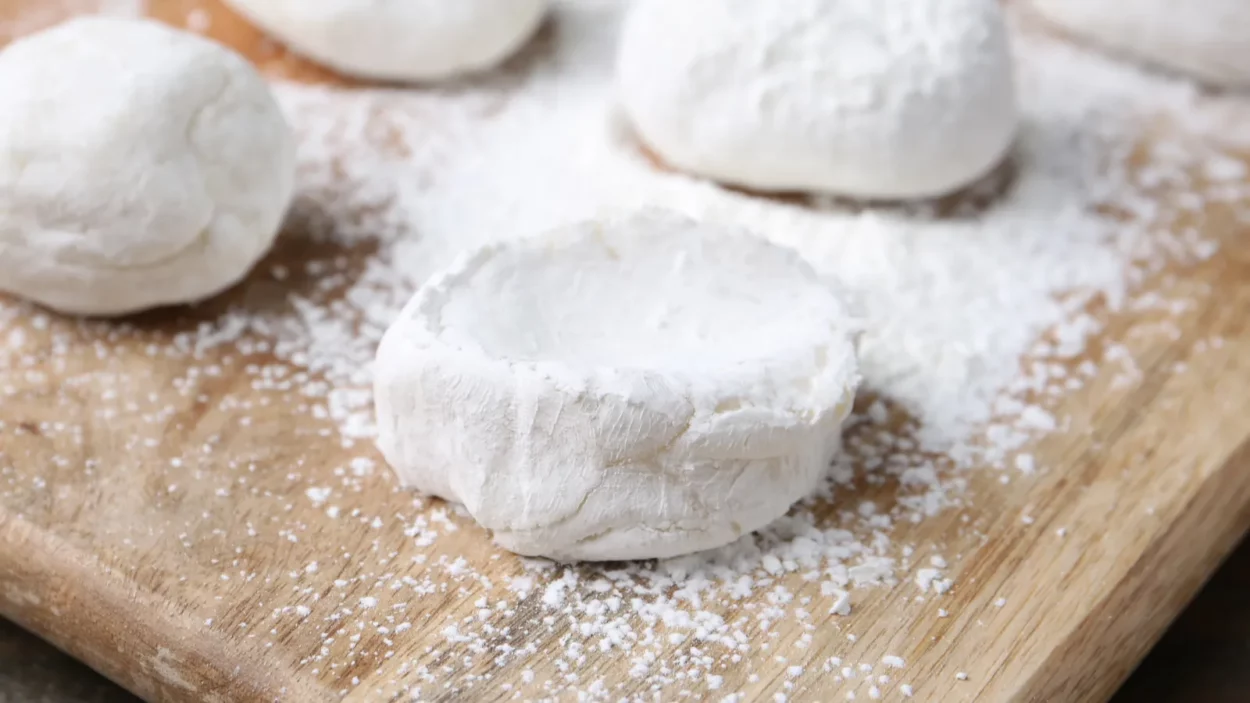 Dough for tasty homemade mochi on wooden table, closeup.