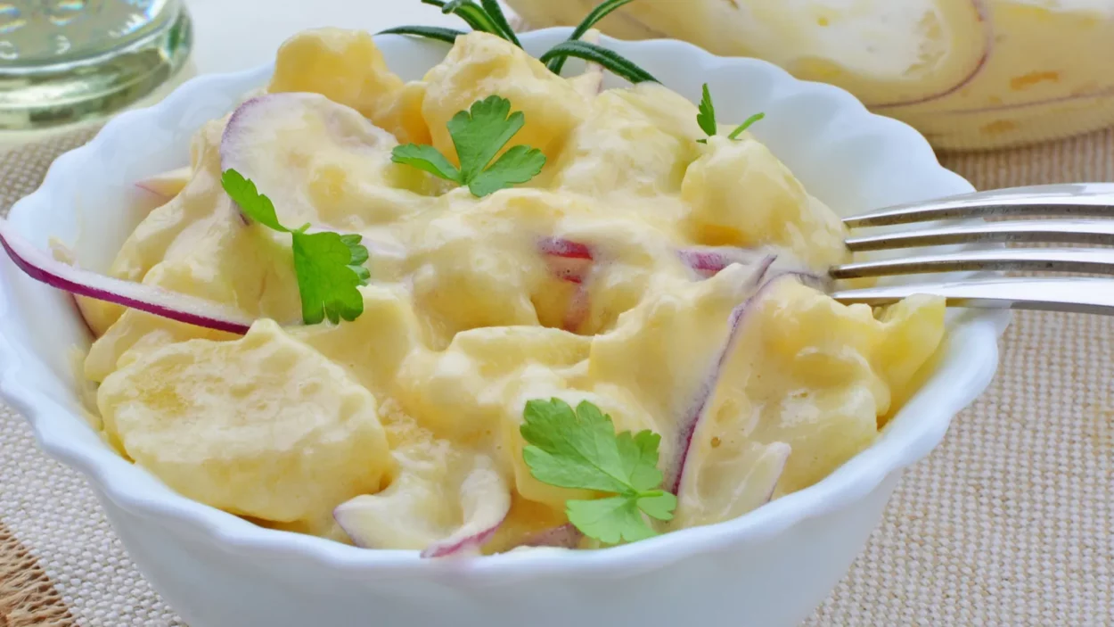Fresh potato salad with mayonnaise.