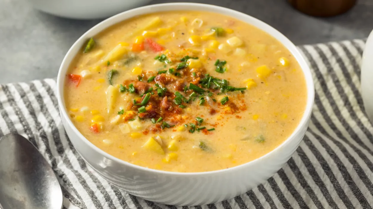 Homemade summer corn chowder with potatoes and bacon.