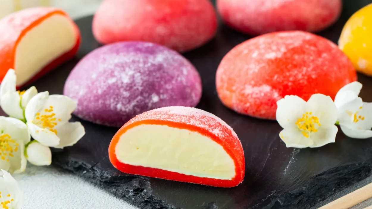 Multi-colored Japanese ice cream Mochi in rice dough and Jasmine flowers on a concrete blue background.