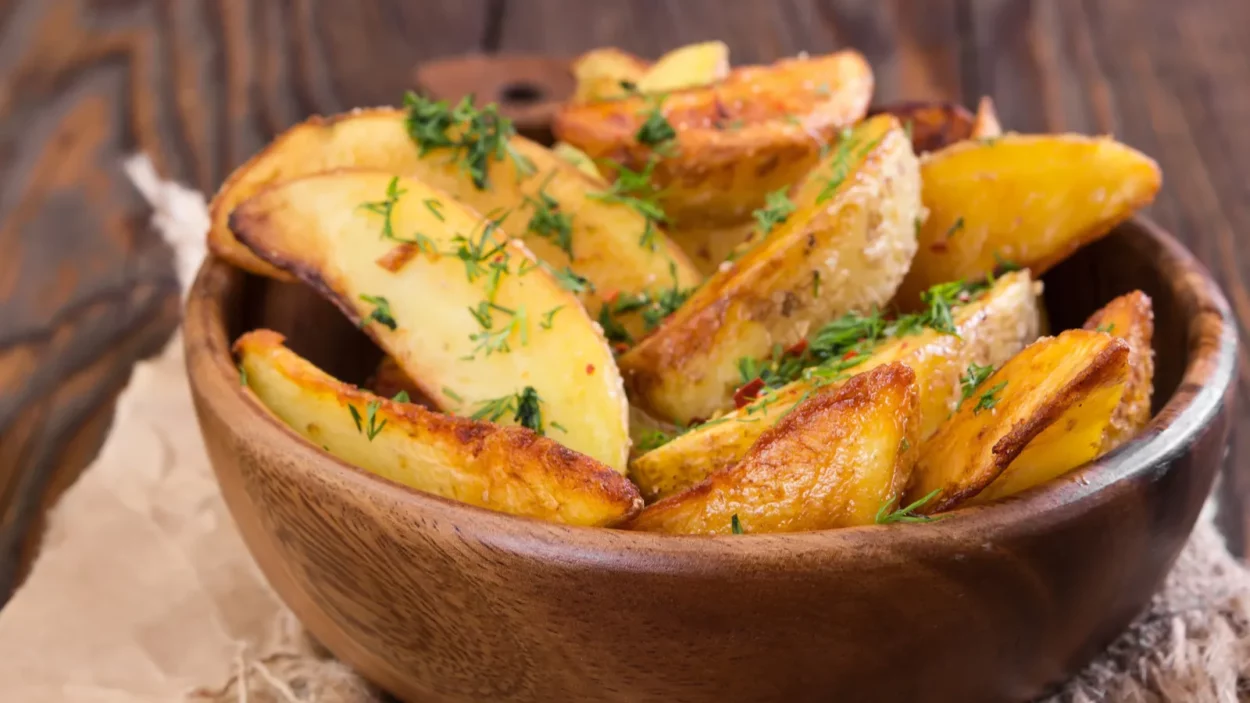 potato wedges with dill in wooden bowl