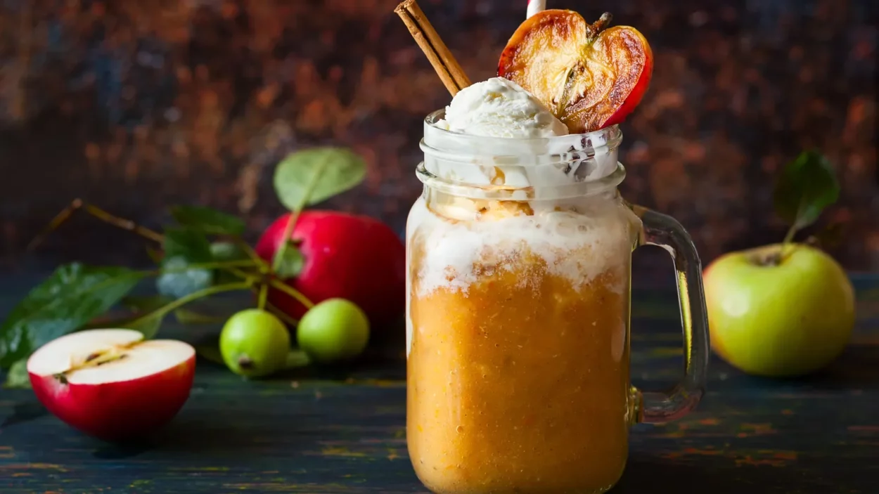 Apple cider float with caramel sauce and stick of cinnamon.