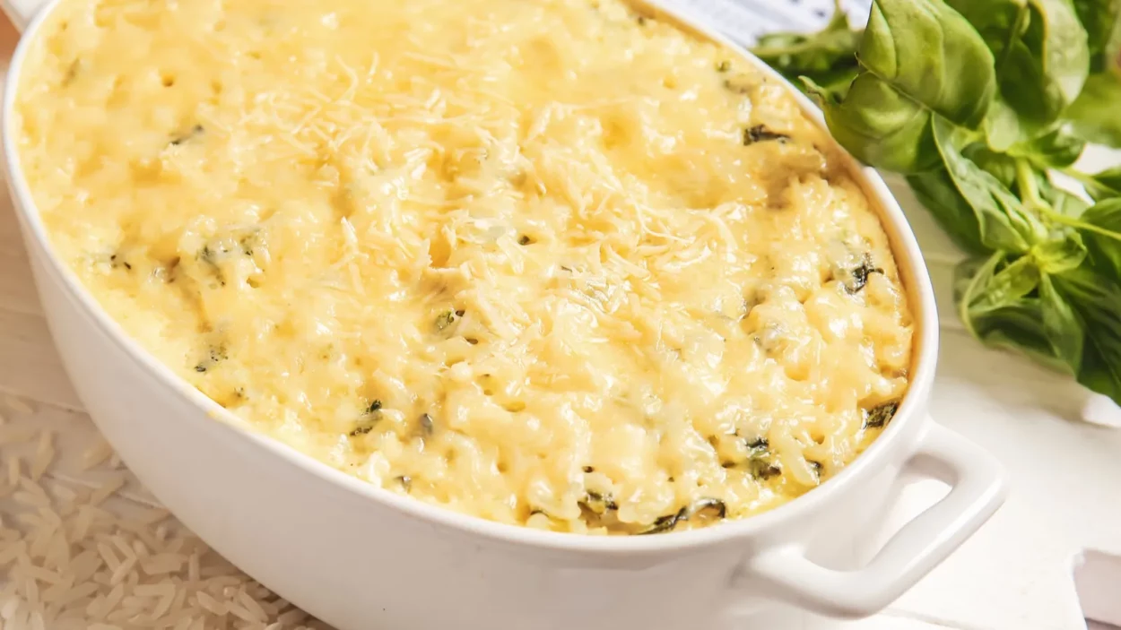 Baking dish with tasty rice casserole on table.