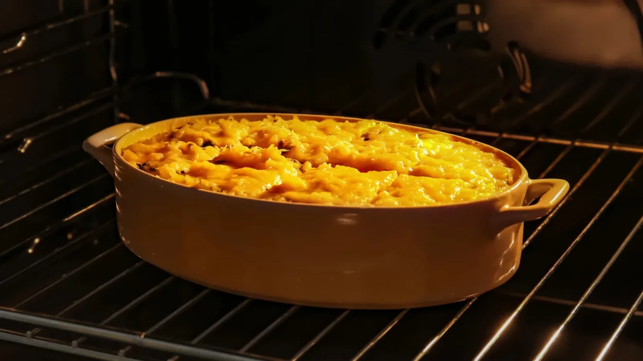 Cooking of rice casserole in oven.