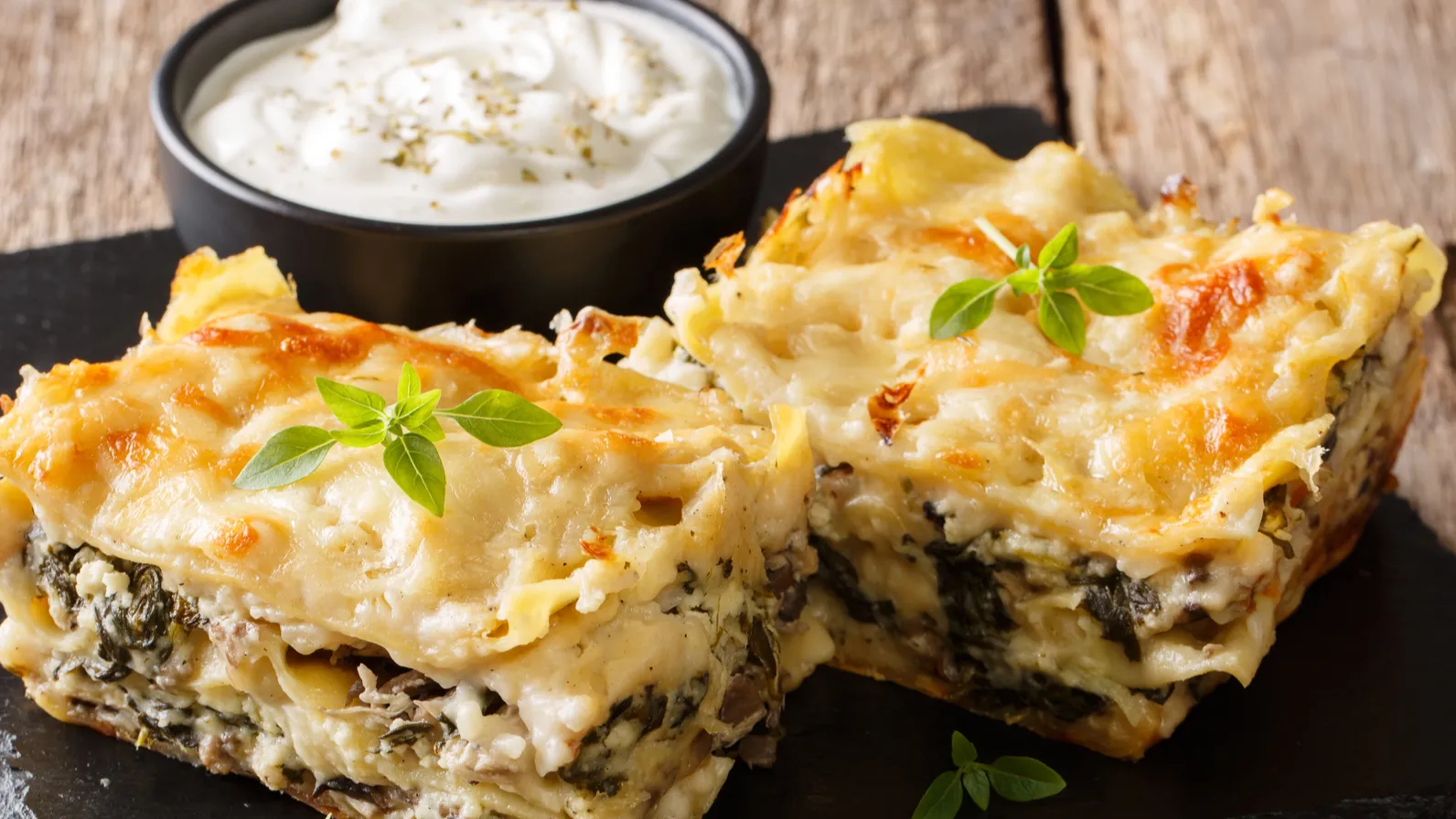 delicious lasagna with chicken breast porcini mushrooms cheese herbs and