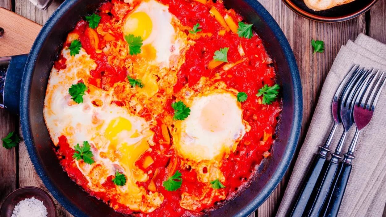shakshuka fried eggs with tomato paprika and parsley