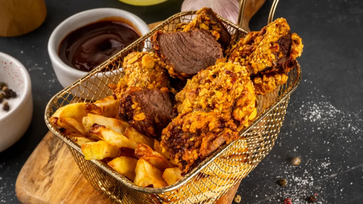 Beef Steak Nuggets Bites in crispy corn breading, cooked in an airfryer grill or oven.