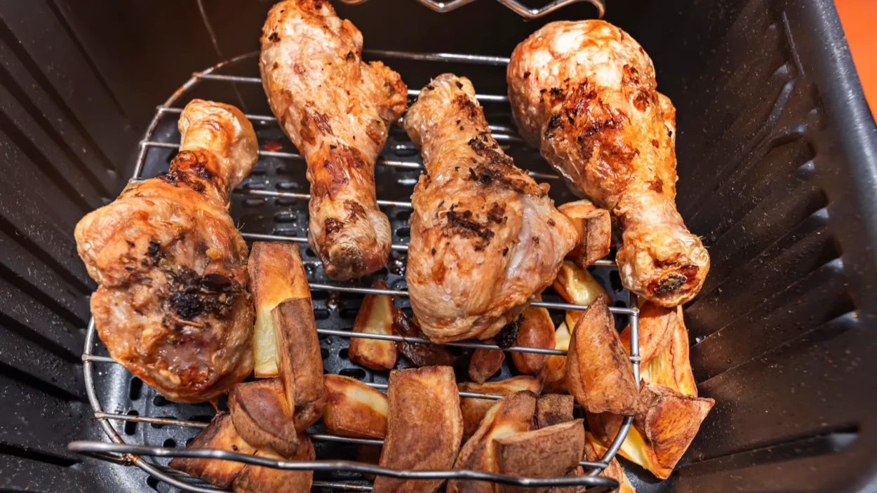 cooking chicken thighs together with potatoes in an airfryer