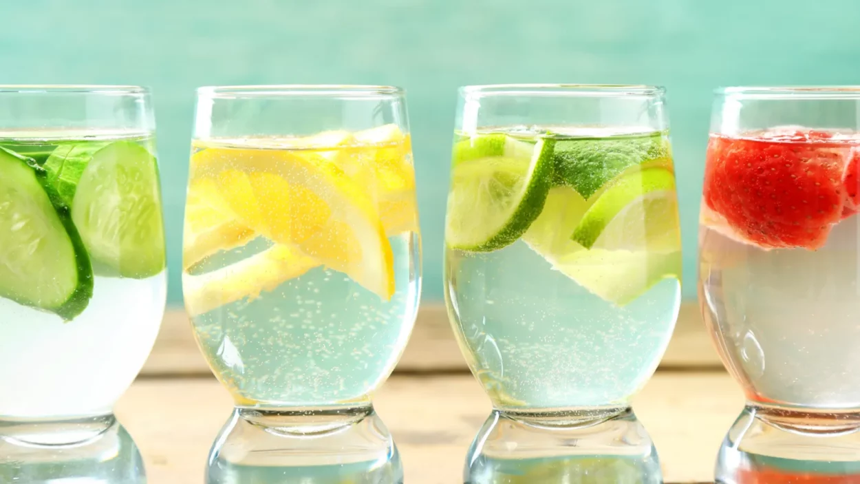 glasses of different home made freshness healthy vitaminfortified water on