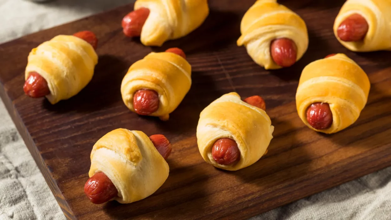 Homemade pigs in a blanket with mustard and ketchup.