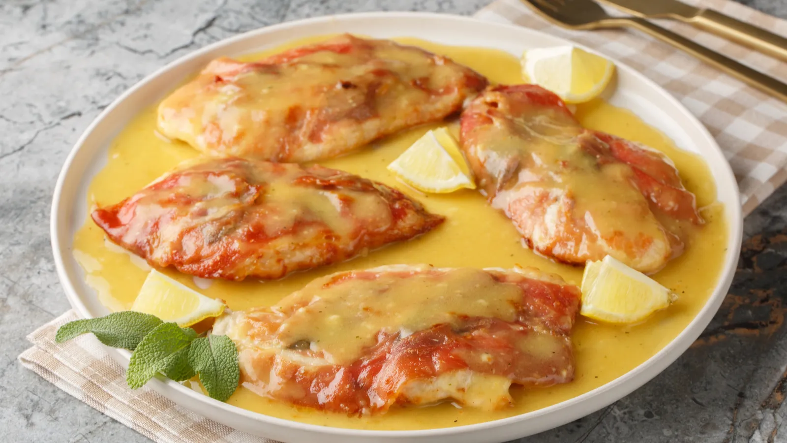 Saltimbocca chicken cutlets topped with prosciutto and sage leaves are pan-seared.