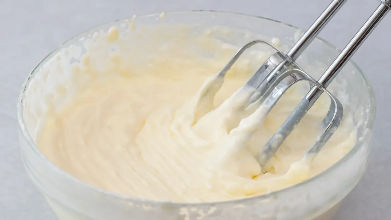 Cream cheese whipped cream close up in a glass bowl.