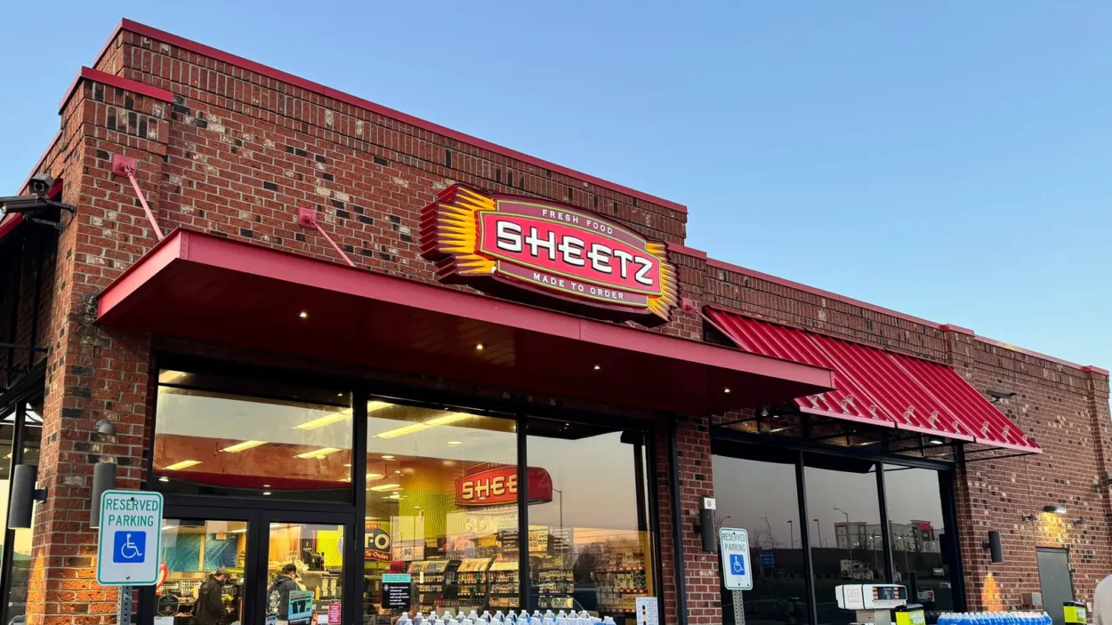 Outside of a Sheetz gas station store at sunrise.