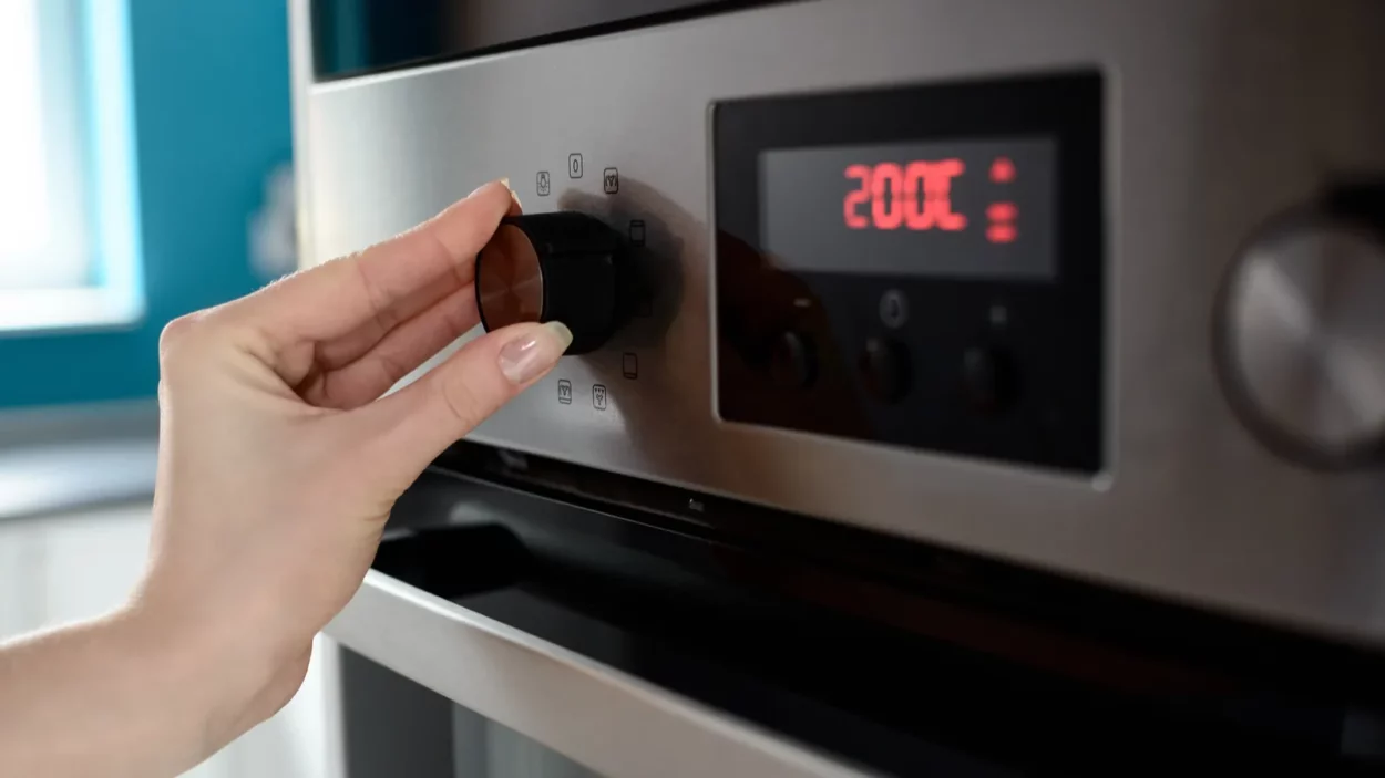 Close up of women hand setting temperature control on oven.